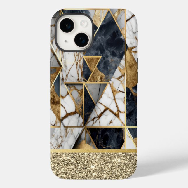 Elegant Guld Glitter Svart Marmor Geometrisk (Baksida)