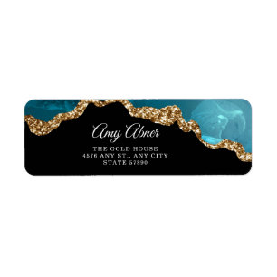 Elegant Guld Glitter Teal Agate Returadress Etikett