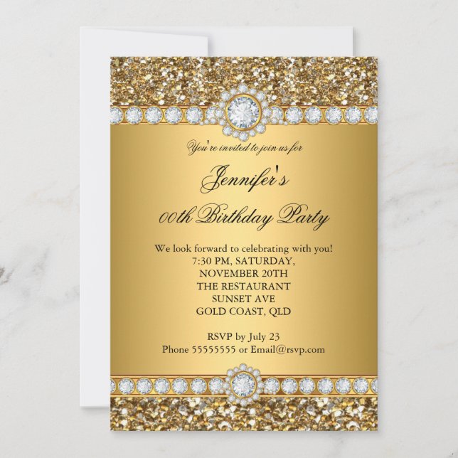 Elegant Guld Glitter Titta Diamond Trim Birthday Inbjudningar (Framsida)