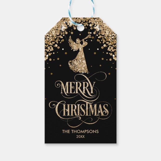 Elegant Guld Glitter Trumpet Angel God jul Presentetikett (Framsidan)