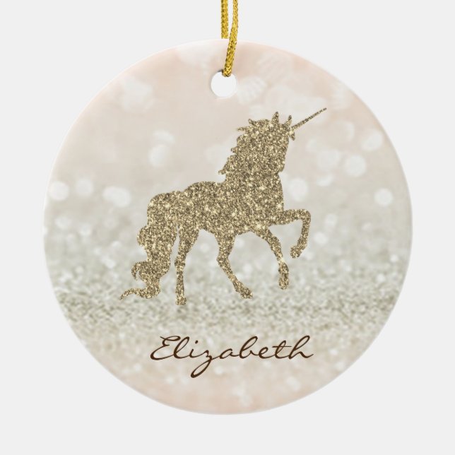 Elegant Guld Glitter Unicorn Bokeh Julgransprydnad Keramik (Framsidan)