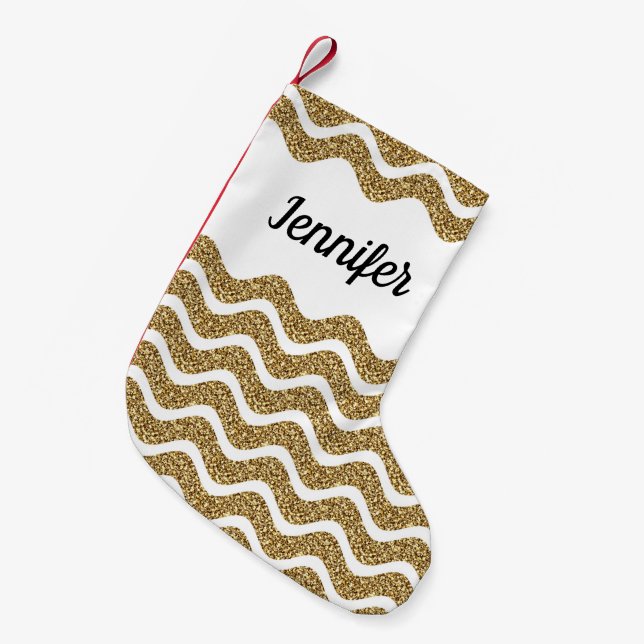 Elegant Guld Glitter White Chevron Rand Namn Liten Julstrumpa (Framsidan (Hängande))