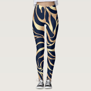 Elegant Guld Glitter Zebra Nay Blue Animal Print Leggings