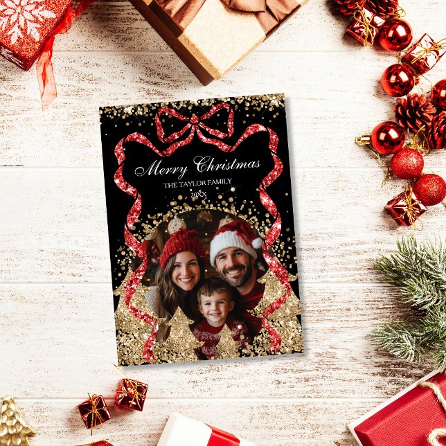 Elegant Guld GlitterRibbon Julgran Photo Inbjudningar (Skapare uppladdad)