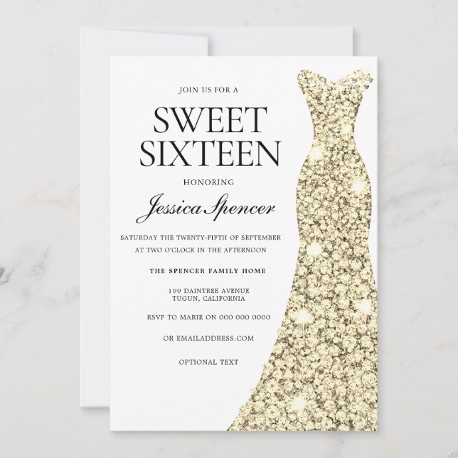 Elegant Guld Gnistra Dress Sweet 16 Inbjudan (Framsida)