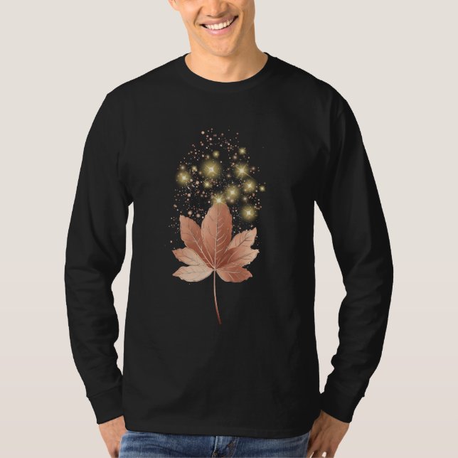 "Elegant Guld Gnistra Löv Manar  Fullt-Sleeve Mörk T Shirt (Framsida)