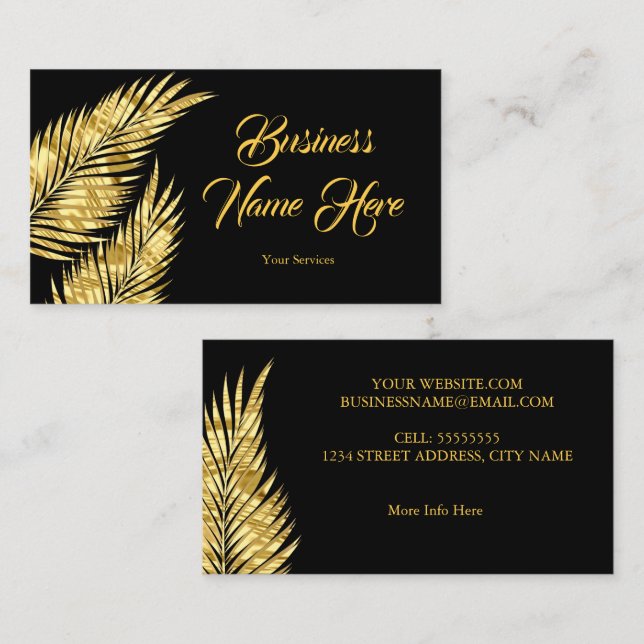 Elegant Guld Golden Palms svart visitkort (Fram/baksida)