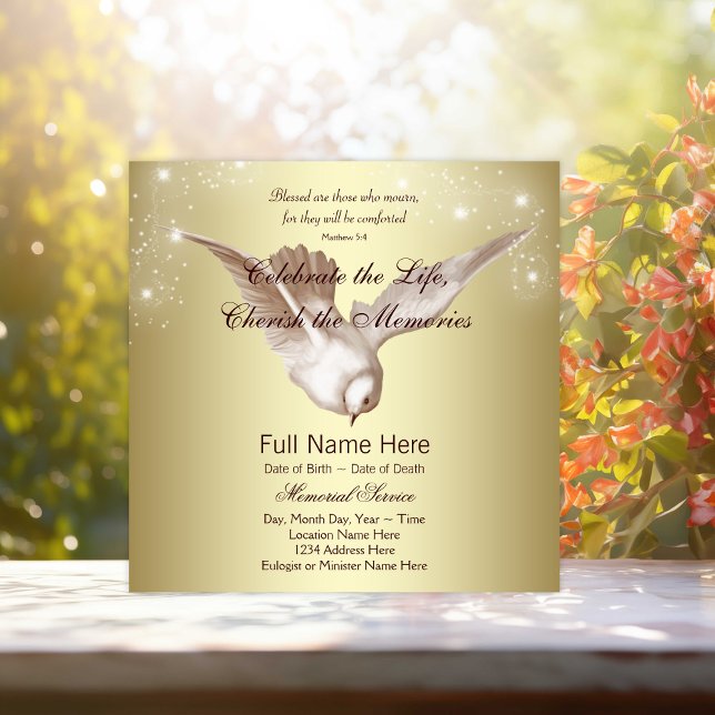 Elegant Guld gör minnesminnesminnesminnesförlust f Inbjudningar (Elegant gold dove memorial service announcements. Simply add your event details.)