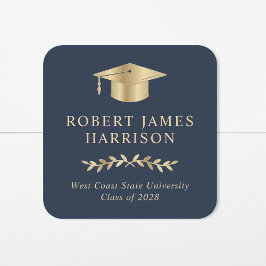 Elegant Guld Grad Cap Blue Studenten Fyrkantigt Klistermärke