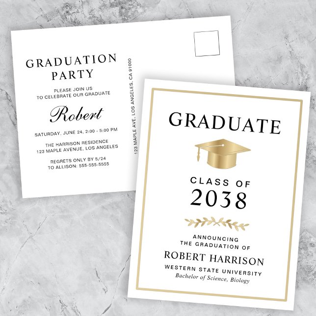 Elegant Guld Grad Cap College Graduation Party Inbjudan Vykort (An elegant college graduation party invitation postcard to celebrate the graduate's achievements)