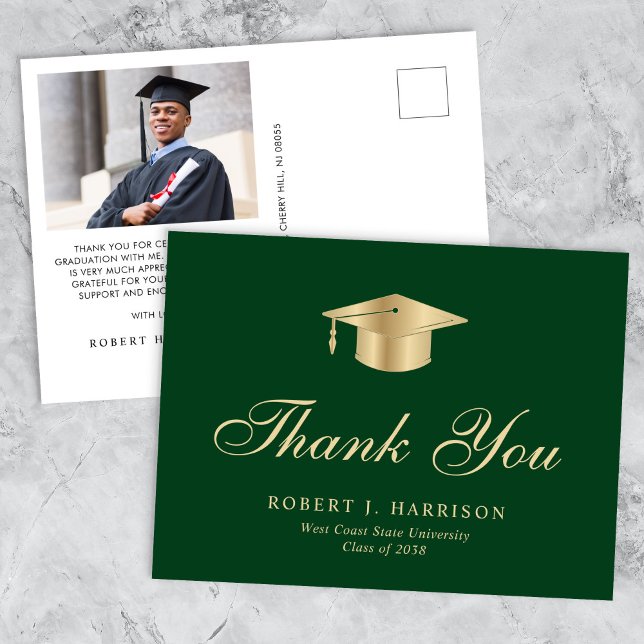 Elegant Guld Grad Cap Photo Studenten Tack Vykort (An elegant photo graduation thank you card to show gratitude to friends and family for their support)