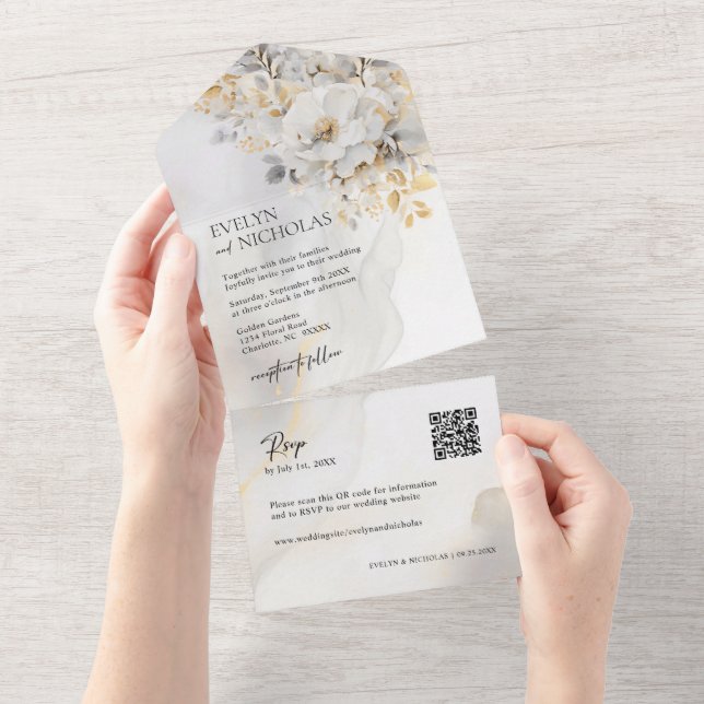 Elegant Guld Grått Guld Blommigt Tvättar QR-kod Br (Avrivbar del)