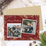 Elegant Guld Greenery 2 Photos Peace Kärlek & Joy Julkort<br><div class="desc">I den här eleganten finns 2 kvadratiska bilder på en röd mörk som accentueras med guld och vit grön runt gräns. Budskapet från hälsning lyder: Fred,  Kärlek och Joy. Fotografi © Storytree Studios,  Stanford,  CA</div>