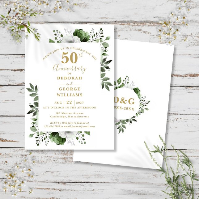 Elegant Guld Greenery 50:e Bröllop-årsdagen Inbjudningar (Elegant Gold Greenery 50th Wedding Anniversary Invitation)