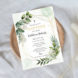 Elegant Guld Greenery Blommigt Foliage Baptism Inbjudningar