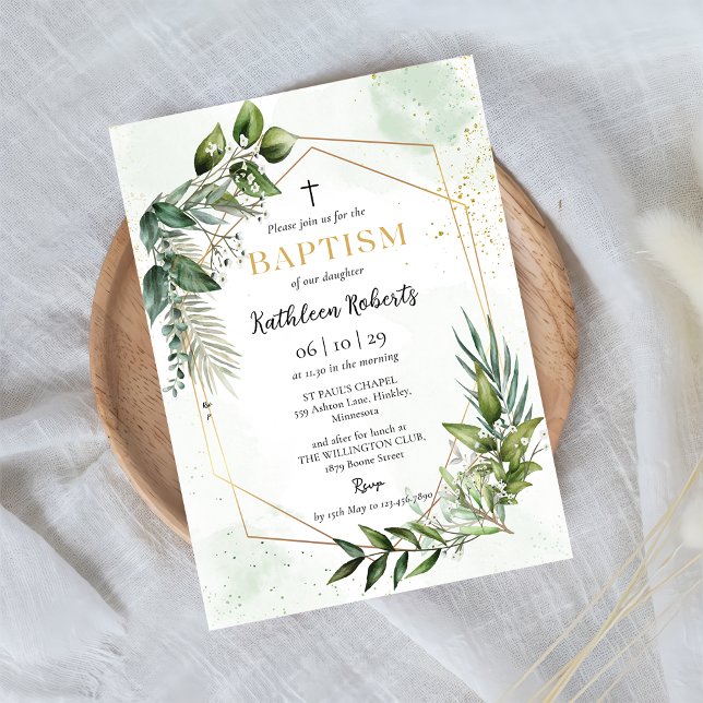 Elegant Guld Greenery Blommigt Foliage Baptism Inbjudningar (Skapare uppladdad)