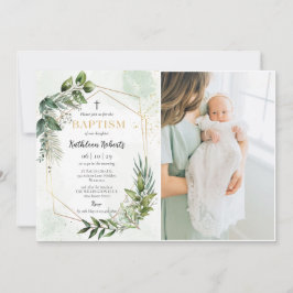 Elegant Guld Greenery Blommigt Foliage Baptism Pho Inbjudningar