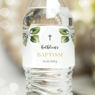 Elegant Guld Greenery Blommigt Foliage Baptism Vattenflaskor Etikett