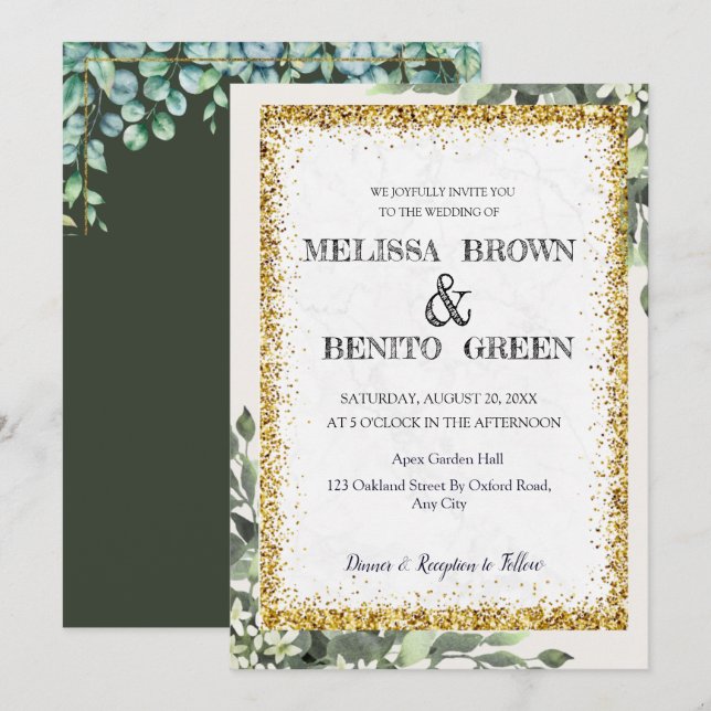 Elegant Guld Greenery Blommigt Watercolor Bröllop Inbjudningar (Fram/baksida)
