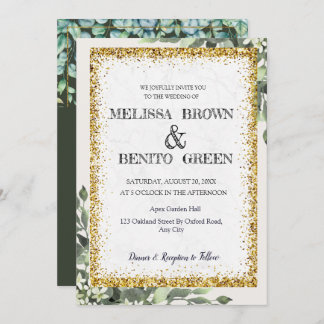 Elegant Guld Greenery Blommigt Watercolor Bröllop Inbjudningar