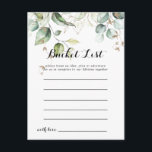 Elegant Guld Greenery Bucket List Card Vykort<br><div class="desc">De här gröna bocketkorten i elegant guld är perfekten för en modern bröllopsmottagning eller möhippa. Utformningen har handritade guld och botaniska grönten eukalyptus löv,  inspirerande konstnärlig skönhet. Bucket List-skylten säljs separat.</div>