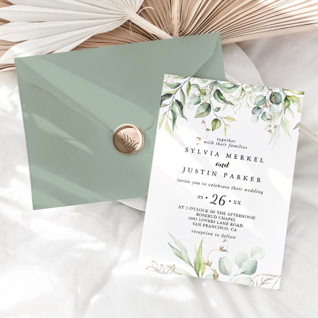 Elegant Guld Greenery Calligraphy Avslappnad Bröll Inbjudningar (Skapare uppladdad)