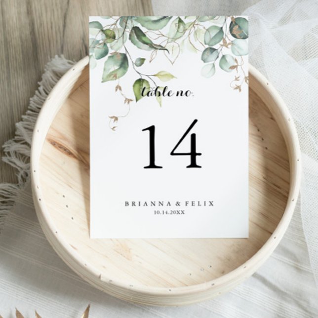 Elegant Guld Greenery Calligraphy Bröllop Bordsnummer (Skapare uppladdad)