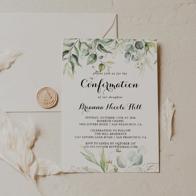 Elegant Guld Greenery Calligraphy Confirmation Inbjudningar (Skapare uppladdad)