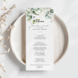 Elegant Guld Greenery Calligraphy Middag Meny<br><div class="desc">Det här guld-matet för grön kalligrafmiddag i elegant är perfekt för ett modernt bröllop. Utformningen har handritade guld och botaniska grönten eukalyptus löv,  inspirerande konstnärlig skönhet. Den här menyn kan användas för bröllopsmottagning,  repetitionsmiddag,  möhippa eller vilken händelse som helst.</div>