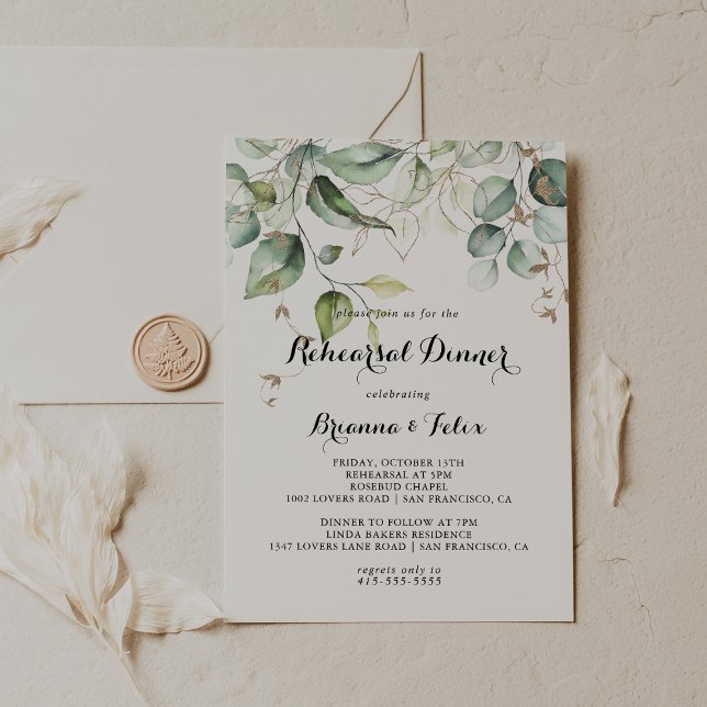 Elegant Guld Greenery Calligraphy Rehearsal Dinner Inbjudningar (Skapare uppladdad)