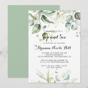 Elegant Guld Greenery Calligraphy Sip and See Inbjudningar