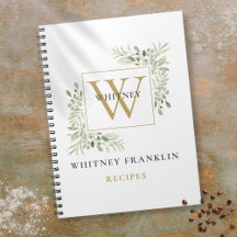 Elegant Guld Greenery Monogram Recipe Cookbook