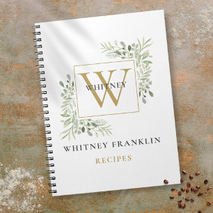 Elegant Guld Greenery Monogram Recipe Cookbook Anteckningsbok