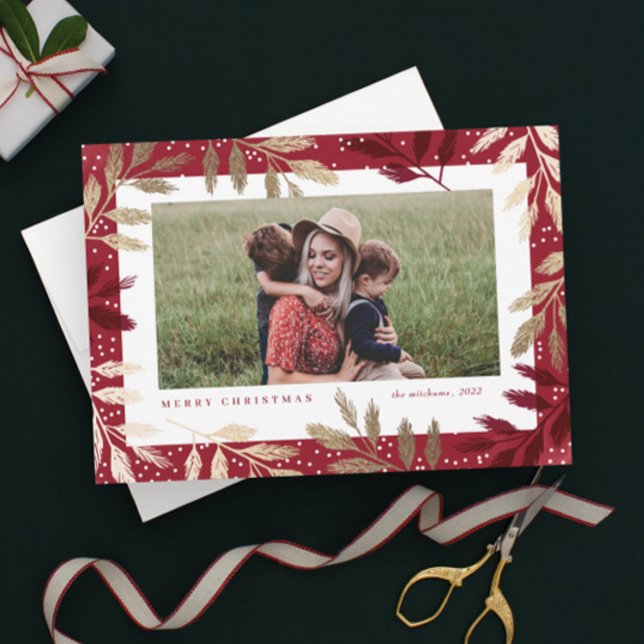 Elegant Guld Grenar fotojulkort (Elegant Red and Gold Foil Branch Frame Photo Christmas Holiday Magnetic Card.)