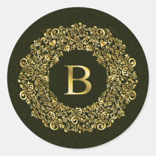 Elegant guld Grön Initial B Damask Monogram Runt Klistermärke