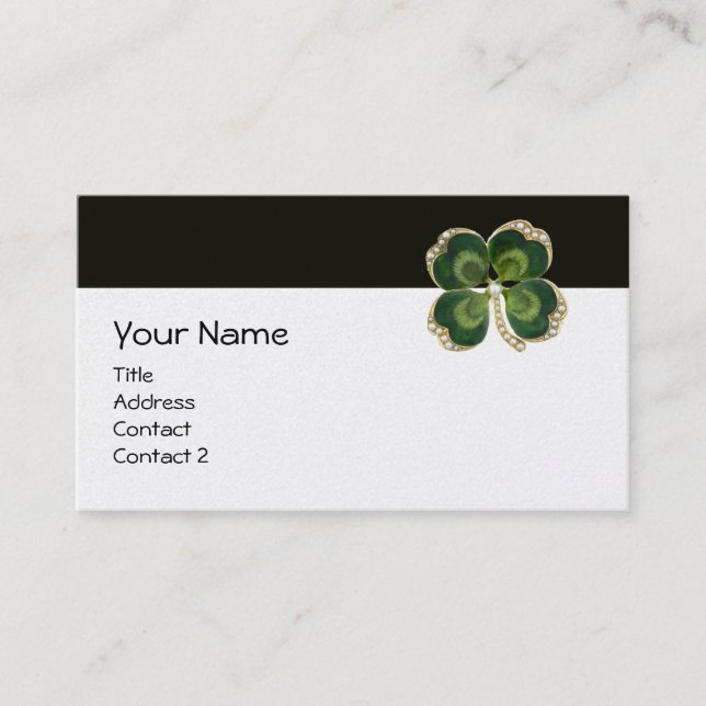 ELEGANT GULD GRÖN SHAMROCK JUVEL MED PÄRLOR VISITKORT (Framsida)