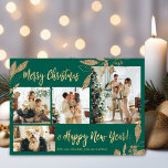 Elegant Guld Grönt 4 Photo Collage julkort<br><div class="desc">Elegant, Modern Guld och Grönt botaniskt Löv 4 Photo Collage God jul Helgdag Card. Den här festiva, imalistiska, vimmistiska 4 (4) fotokortsmallen innehåller en söt fotokollage, faux guld foil botanical löv, winterbär och säger God jul och Gott nytt år! Texten "God jul och Gott nytt år" hälsning är skriven med...</div>