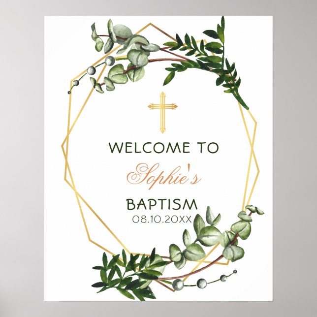 Elegant Guld & Grönt Botanisk baptism Välkomsthäls Poster (Framsidan)