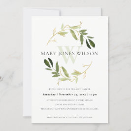 ELEGANT GULD GRÖNT FOLIAGE WREATH BABY SHOWER-KORT TACK KORT