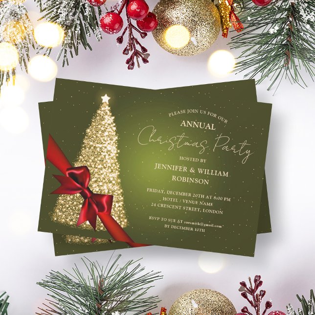 Elegant Guld Grönt Julafton Träd Ribbon Julfest Inbjudningar (Elegant Gold Green Xmas Tree Ribbon Holiday Party Invitation)