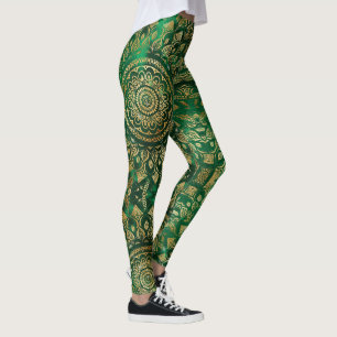 Elegant Guld Grönt Mandala Blommigt Leggings