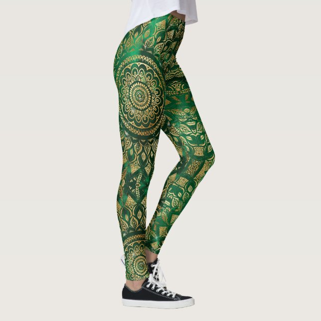 Elegant Guld Grönt Mandala Blommigt Leggings (Höger)