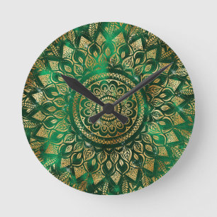 Elegant Guld Grönt Mandala Blommigt Rund Klocka