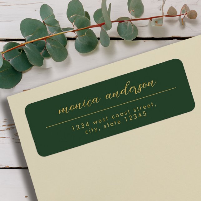Elegant Guld Grönt - minimalistskript Namn Returadress Etikett (Elegant Gold Green Minimalist Script Name Label)