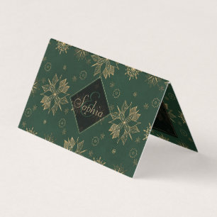 Elegant Guld Grönt Poinsettias Snöflingor Design Visitkort