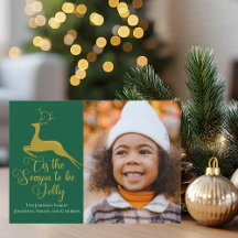 Elegant Guld Grönt Reindeer Julfamiljfoto