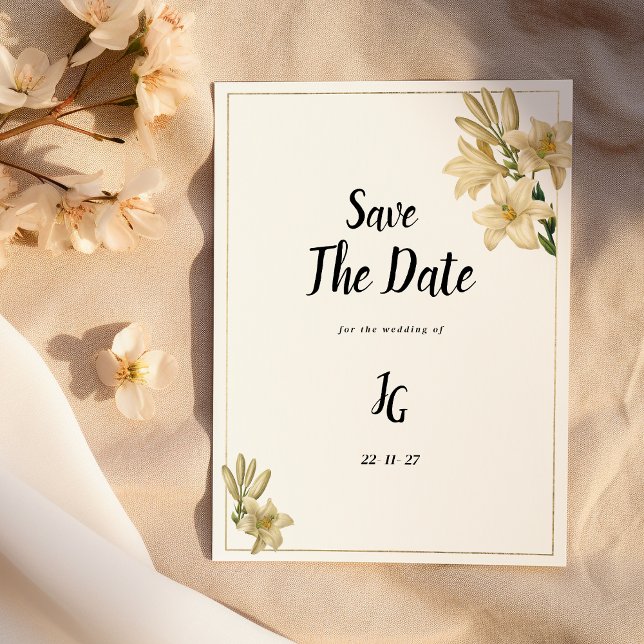 Elegant guld grönt vit blomma Spara datum Inbjudningar (Elegant gold green white lily flower Save The Date)