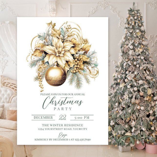 Elegant guld-gröntens lyxjul inbjudningar (Gold luxury elegant Christmas party invitation)