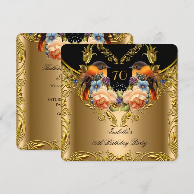 Elegant Guld Gul Fågel Svart 70-årsdag Inbjudningar (Fram/baksida)