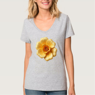 Elegant Guld-Gult Blommor Kvinnors T-Shirt V-Nacke